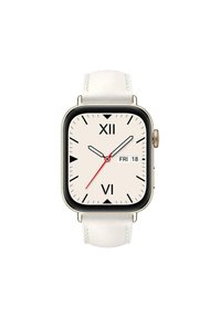 Square watch with a white leather strap, black bezel, beige dial, Roman numerals, and a red second hand. Date display shows "Fri 18."