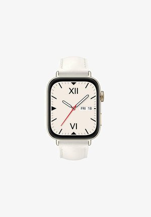 Square watch with a white leather strap, black bezel, beige dial, Roman numerals, and a red second hand. Date display shows "Fri 18."