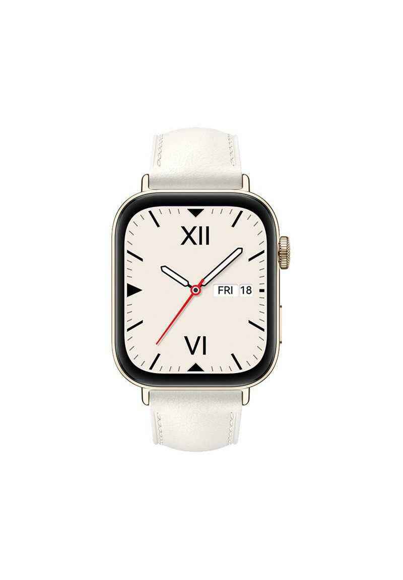 Square watch with a white leather strap, black bezel, beige dial, Roman numerals, and a red second hand. Date display shows "Fri 18."