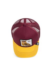 Cap with maroon mesh back and yellow front, featuring an embroidered owl patch labeled "REAL TALK." Curved brim, structured design.