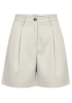 Beige shorts met hoge taille, met riemlussen, voorplooien, zijzakken en een zwarte knoopsluiting.