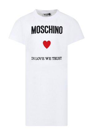 White cotton t-shirt with short sleeves, featuring black "MOSCHINO" text and red heart graphic above "IN LOVE WE TRUST" in black embroidery.
