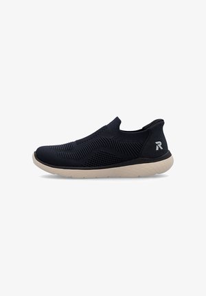 Black slip-on shoe with textured knit upper and a light gray sole, featuring a geometric pattern on the sole and a logo on the heel.