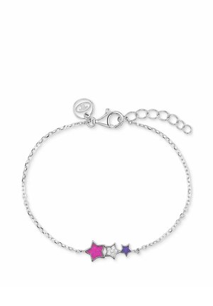Bracelet chaîne en argent avec trois étoiles en rose, blanc à paillettes et violet comme éléments décoratifs centraux.