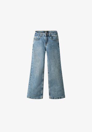 Jeans in denim azzurro chiaro a gamba larga con tasche frontali, passanti per cintura e chiusura con bottone.