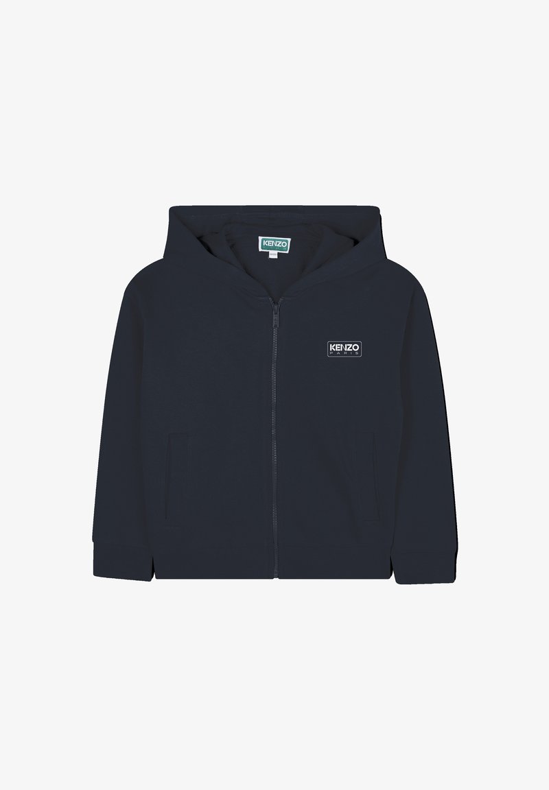 Navyblauwe rits-hoodie met capuchon, twee frontzakken en een witte "KENZO PARIS" logo op de linkerborst.