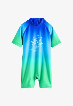 Short-sleeve wetsuit featuring a gradient from blue to green, with a palm tree graphic and "BEACH LIFE" text on the front. Smooth, stretchy fabric.