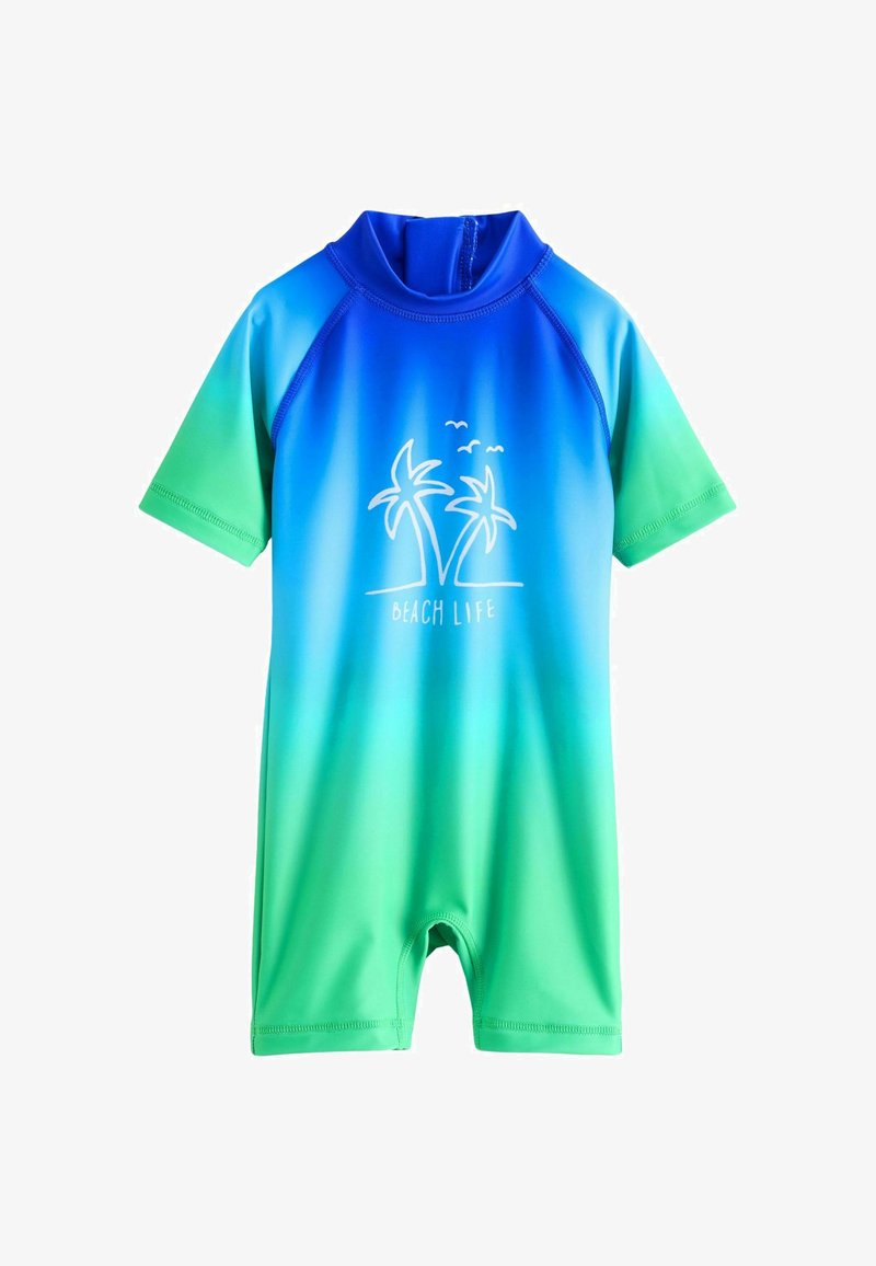 Mutino da surf a maniche corte con una sfumatura che va dal blu al verde, con una grafica di palme e la scritta "BEACH LIFE" sul davanti. Tessuto liscio e elastico.