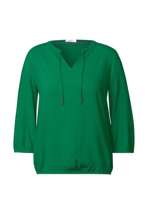 Groene, textuurblouse met een V-hals, trekkoorddetail en 3/4 mouwen. Heeft een geraffineerde zoom en contrasterende accentkleuren op de trekkoorden.
