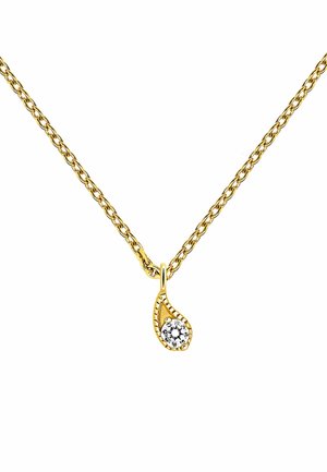 Collar de cadena de oro con un colgante en forma de lágrima que presenta una piedra circular transparente, decorado con pequeños acentos a lo largo del borde.