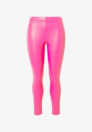 Różowe legginsy o wysokim połysku, wykonane z elastycznego, gładkiego materiału. Dopasowany krój z wąską sylwetką, z szerokim, elastycznym pasem w talii.