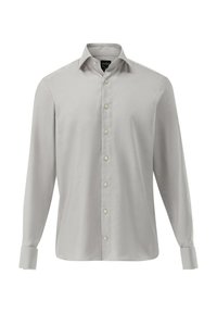 Hellgraues Langarmshirt mit einem subtilen strukturierten Muster, spitzem Kragen und knöpfbarem Frontverschluss. Mit umgeschlagenen Ärmeln und hellen Knöpfen.
