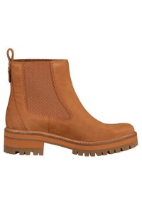 Bottine Chelsea marron à la cheville avec panneau latéral élastique, languette à l'arrière et semelle épaisse en caoutchouc crantée avec design en couches.