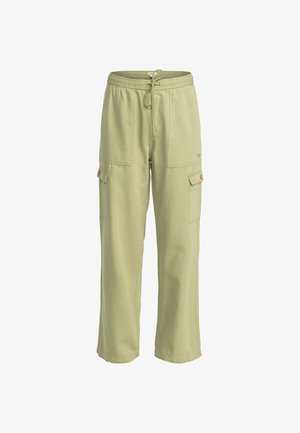 Lichtgroene cargo broek met een elastische tailleband, trekkoord en vier zakken. Gemaakt van een zachte stof, met knoopaccenten op de zakken.