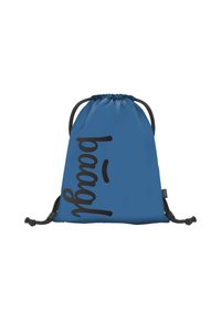 Modrý tašky na stažení s hladkým matným povrchem a výrazným černým písmem, které na přední straně hlásá "Pood". Černé šňůrkové rukojeti.