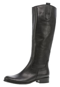 Black leather knee-high boot with a smooth texture, slight curvature at the top, and a low block heel. Features simple stitching details.
