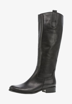 Black leather knee-high boot with a smooth texture, slight curvature at the top, and a low block heel. Features simple stitching details.