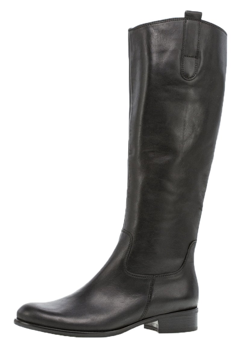 Black leather knee-high boot with a smooth texture, slight curvature at the top, and a low block heel. Features simple stitching details.
