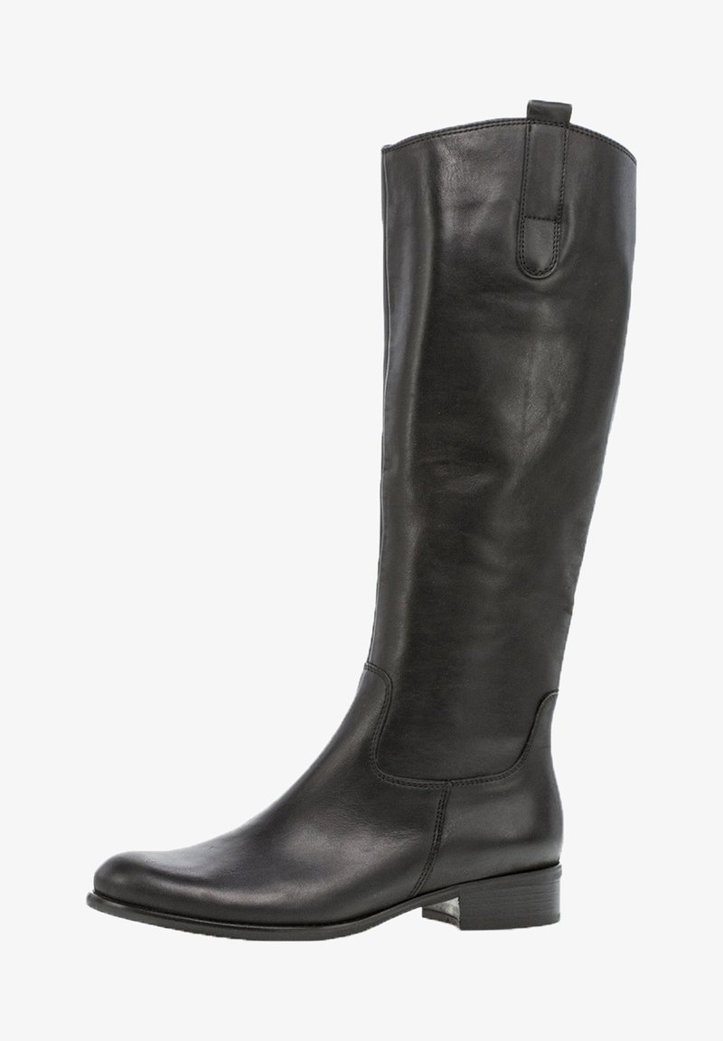 Black leather knee-high boot with a smooth texture, slight curvature at the top, and a low block heel. Features simple stitching details.