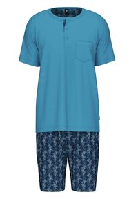 Turquoise jersey T-shirt met korte mouwen en een zak, gecombineerd met marineblauwe shorts met een koraalpatroon. Zachte stof, relaxed fit.