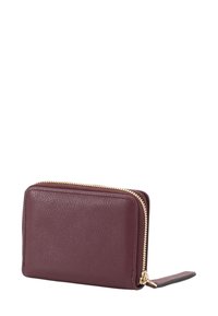 Burgundy leather wallet with a textured finish, gold zipper, and tag. Rectangular shape, compact design for carrying cards and cash.