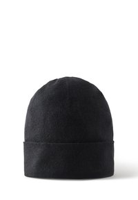 Svart ullmössa med mjuk textur, rund kupol och vikbar kant. Enkel design, lämplig för kallt väder.