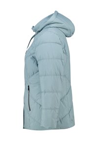 Lichtblauwe pufferjack met een capuchon, gewatteerd ontwerp en zijzakken met rits. Zachte textuur met een iets losser model.