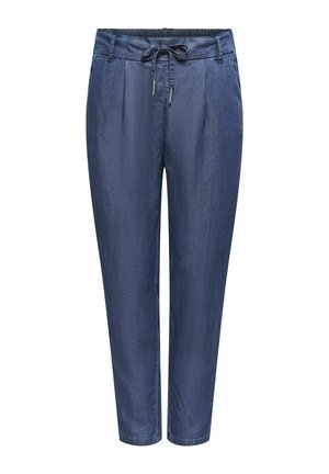 Denim bukser med tætsiddende pasform, elastisk talje og snøre. Dybt blå farve med en glat tekstur og uden synlige mønstre.