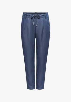 Denim bukser med tætsiddende pasform, elastisk talje og snøre. Dybt blå farve med en glat tekstur og uden synlige mønstre.