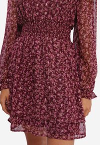 Robe florale bordeaux avec de longues manches transparentes, un corsage smocké et un ourlet à volants superposés. Elle présente de petits motifs de fleurs roses et lavande.