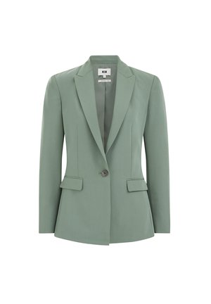 Green blazer, single-button closure, peak lapels, two front pockets, and a smooth texture. Tailored fit with a clean design.