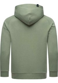 Sudadera con capucha en verde claro, fabricada en un tejido suave. Presenta mangas largas, puños de canalé y un dobladillo curvado. Logo no visible en la parte posterior.