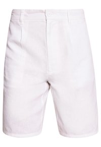 Shorts en lin blanc avec une coupe ajustée, présentant un devant plat, une fermeture à bouton et deux poches latérales. Texture lisse, design décontracté.