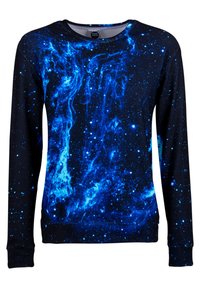 Long-sleeve sweatshirt featuring a cosmic design in shades of blue and black, with a soft texture and ribbed cuffs and hem.