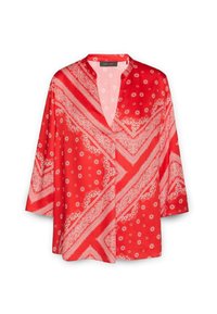 Rotes Kimono-Style Shirt mit einem weißen Paisleymuster. Verfügt über einen V-Ausschnitt, Dreiviertelärmel und eine lässige Passform. Angenehme Stofftextur.