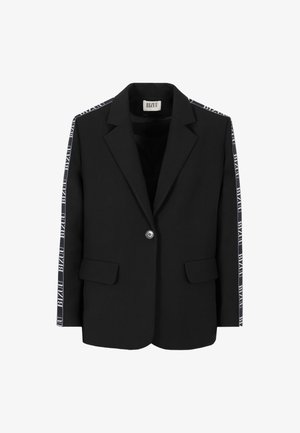 Czarna marynarka na jeden guzik z klapami z wycięciem, kieszeniami z patkami i białą taśmą z logo "BIZUU" wzdłuż rękawów.