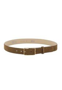 Brown suede belt with a gold rectangular buckle, smooth texture, multiple holes for adjustment, and a clean, minimalist design.