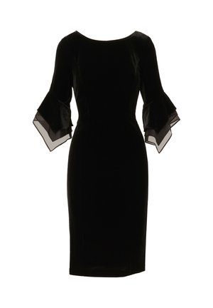 Schwarzes Samtkleid mit taillierter Silhouette, Boots-Ausschnitt und dreiviertellangen, auslaufenden Ärmeln, die durchsichtige Akzente am Saum aufweisen.