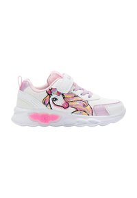 Sneakers bianchi con un design di unicorno caratterizzato da un ricamo colorato. Parte superiore in tessuto con una fascia accentata rosa e una suola rosa che si illumina.