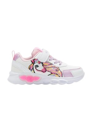 Sneakers bianchi con un design di unicorno caratterizzato da un ricamo colorato. Parte superiore in tessuto con una fascia accentata rosa e una suola rosa che si illumina.
