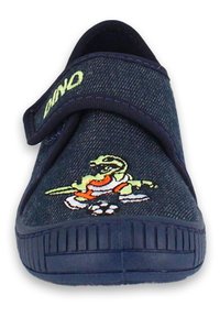 Denim slipper met een marineblauwe bovenkant, voorzien van een groene dinosaurus borduurwerk, een verstelbare band en een gecombineerde rubberen zool.