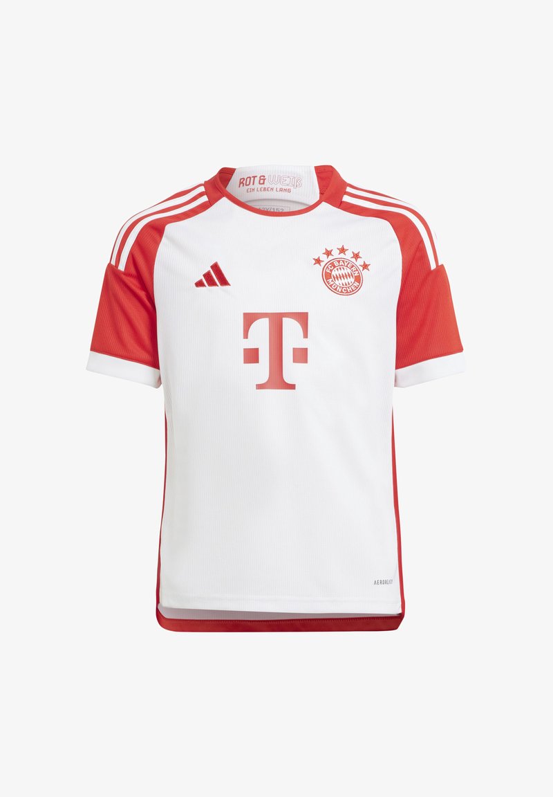 Maglia da calcio bianca con accenti rossi, con maniche corte, logo Adidas, stemma del FC Bayern Monaco e un grande logo rosso di Telekom.
