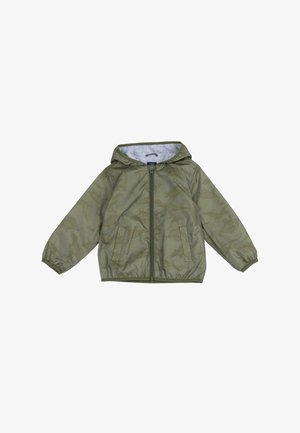 Grüne Nylonjacke mit Kapuze und Dinosauriermustern, durchgehendem Reißverschluss, elastischen Bündchen und Seitentaschen. Leichtes und wasserabweisendes Design.