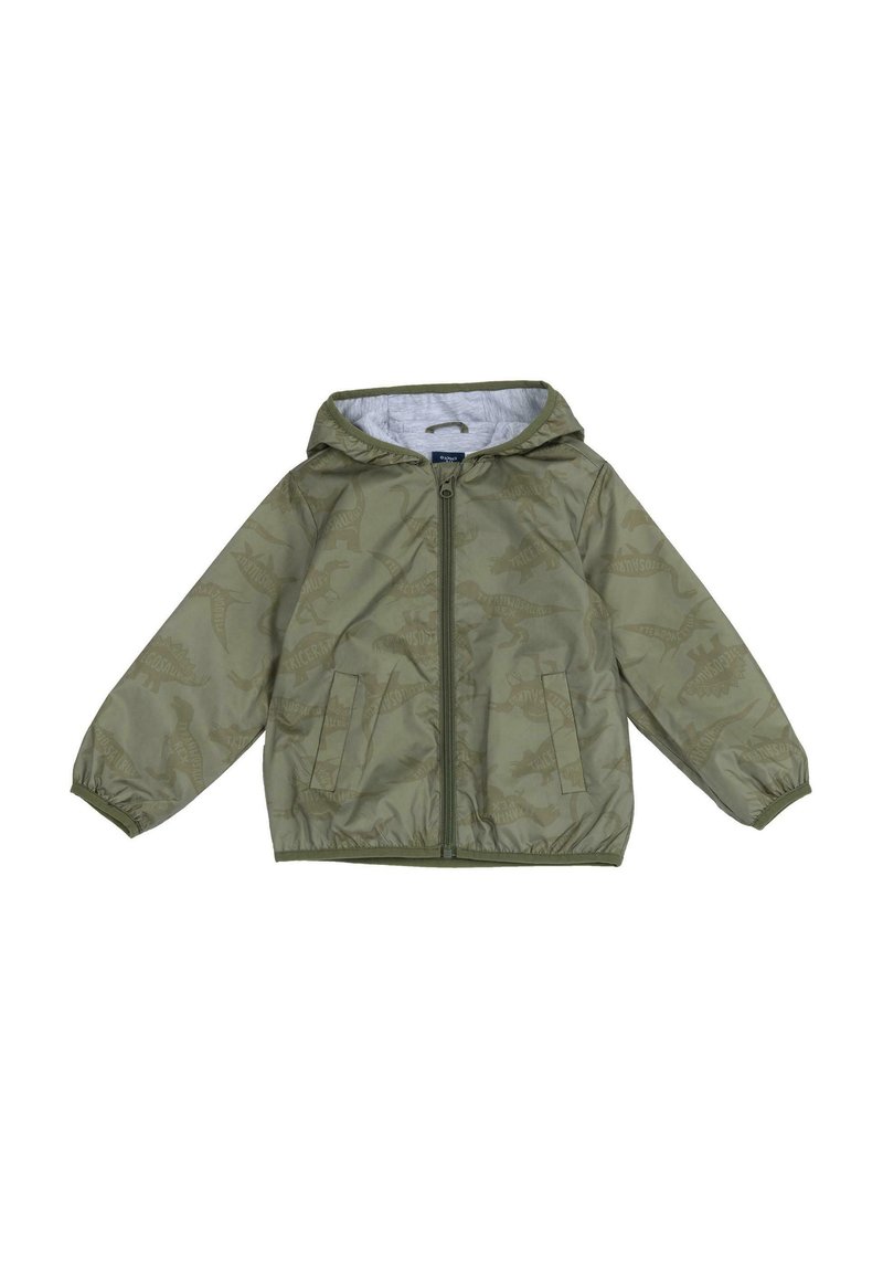 Grøn nylonjakke med hætte og dinosaurmønstre, fuld lynlås, elastiske manchetter og sidelommer. Letvægts- og vandafvisende design.