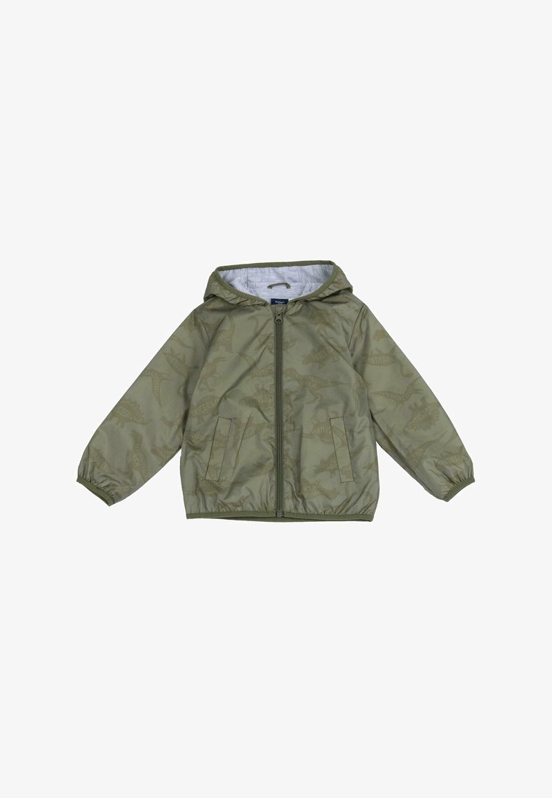 Groene nylon jas met capuchon en dinosauruspattroon, volledige ritssluiting, elastische manchetten en zijzakken. Lichtgewicht en waterafstotend ontwerp.