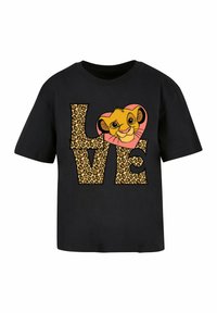 Juodos medvilnės marškinėliai su užrašu "MEILĖ" leopardų raštu ir animacinio liūto veidu rožiniame širdelės akcentu. Trumpomis rankovėmis, laisvo kirpimo.