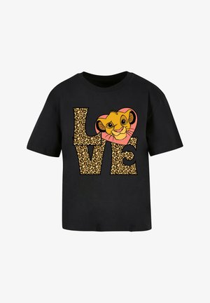 Tricou negru din bumbac cu inscripția "LOVE" în imprimeu de leopard și fața unui leu cartonat într-un accent de inimă roz. Mâneci scurte, croială lejeră.