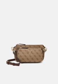Borsa a tracolla in tessuto marrone con hardware dorato, motivo logo impresso, due scomparti con zip e una tracolla staccabile.