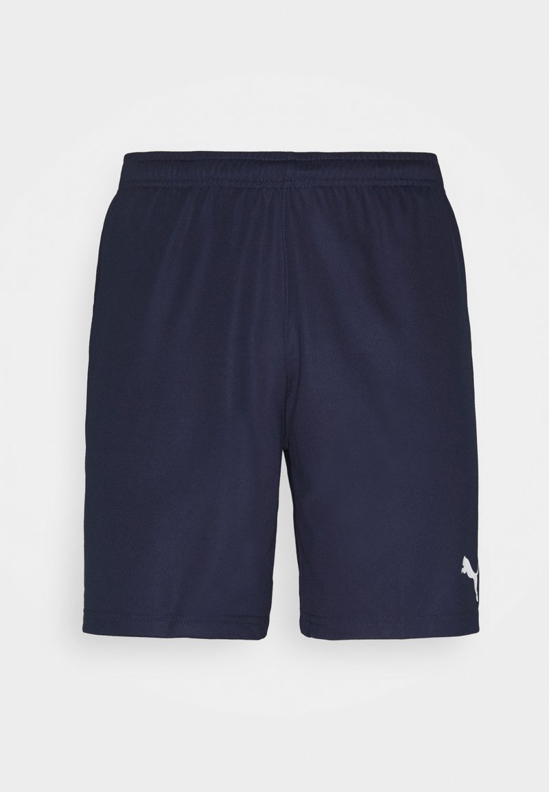Pantalones cortos deportivos azul marino hechos de tela suave, con una cinturilla elástica y un logo blanco en la parte inferior derecha.