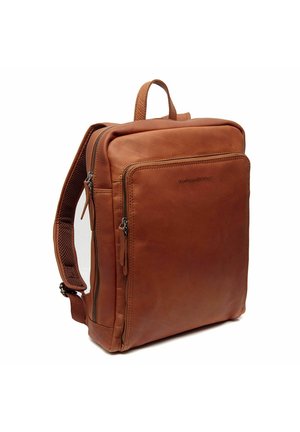 Brown leather backpack with a rectangular shape, featuring a front pocket, top handle, and padded straps. Smooth texture, minimalistic design.